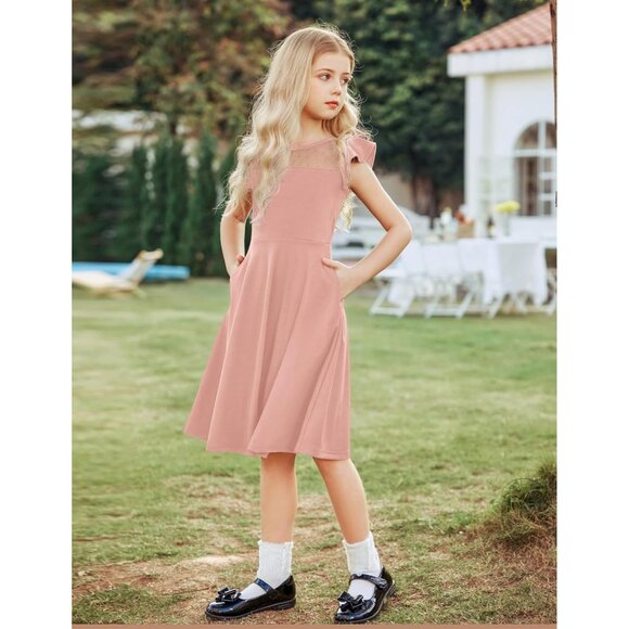 🆕Girl Pink Polyester  Summer Ruffle Sleeve Mesh A Line Casual Party Dress - Picture 3 of 6